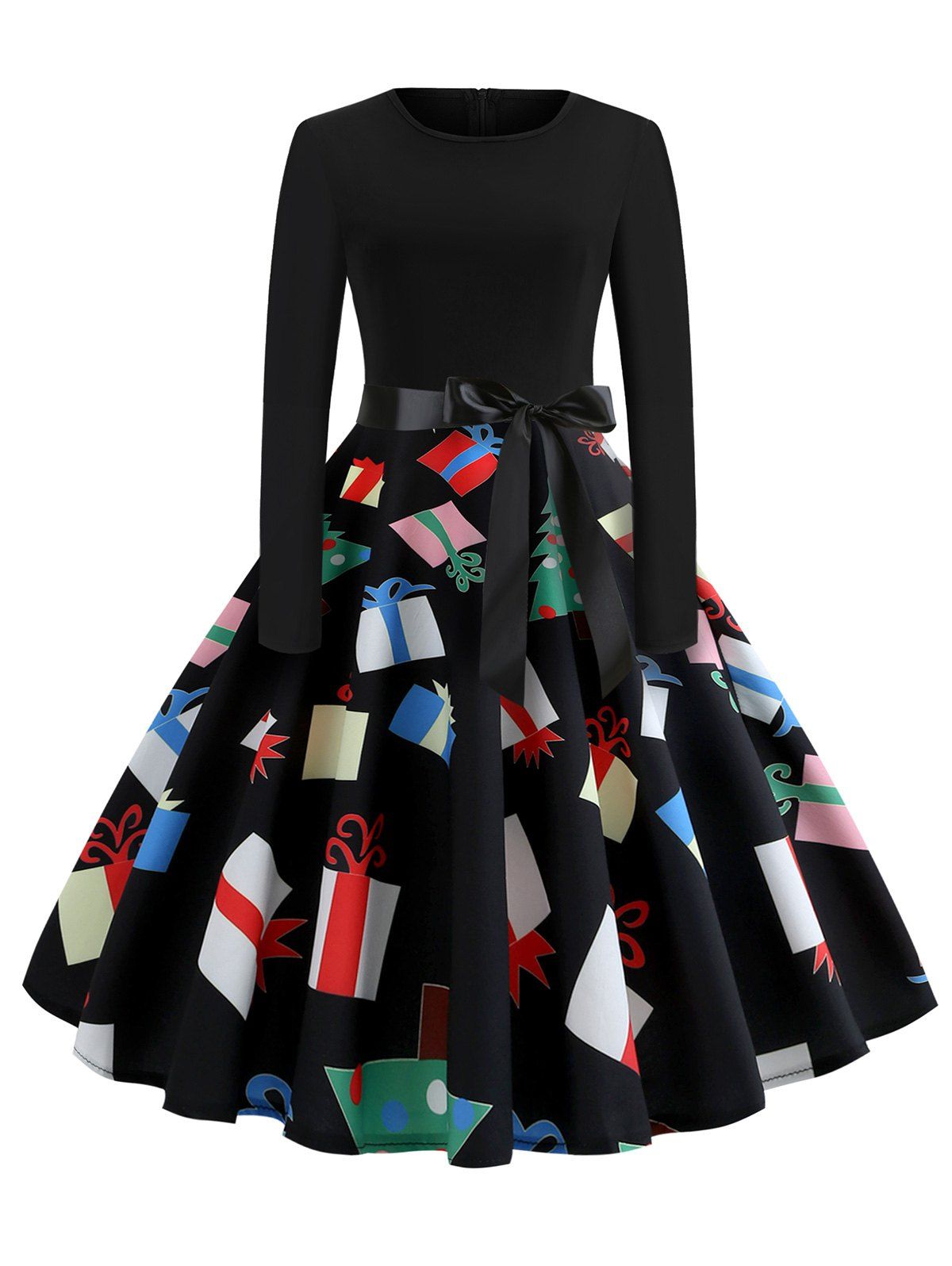 

Christmas Printed Fit and Flare Long Sleeve Dress, Black