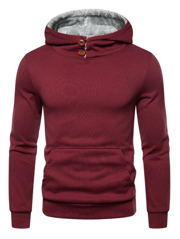 

Button Kangaroo Pocket Fleece Hoodie, Red wine