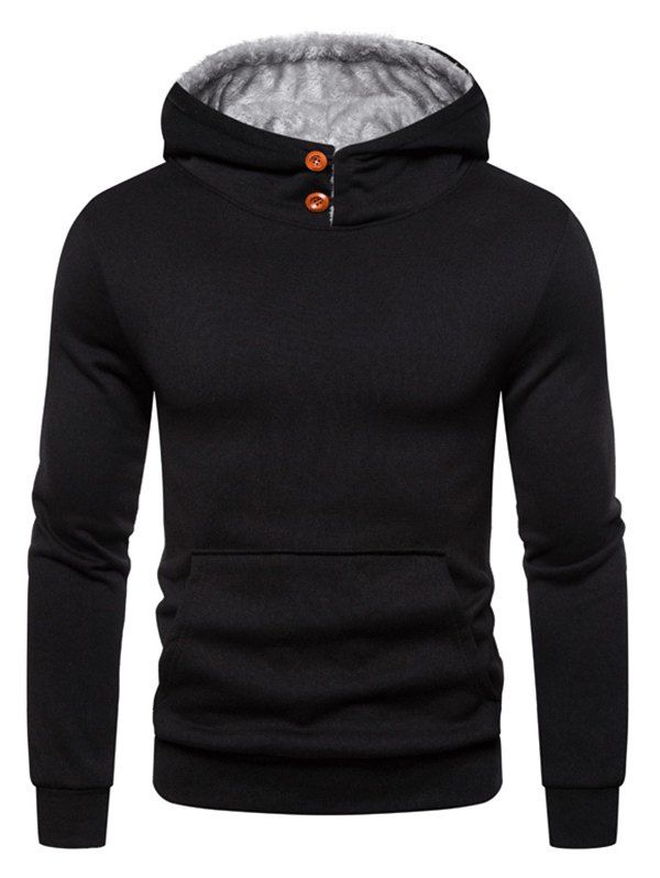 

Button Kangaroo Pocket Fleece Hoodie, Black