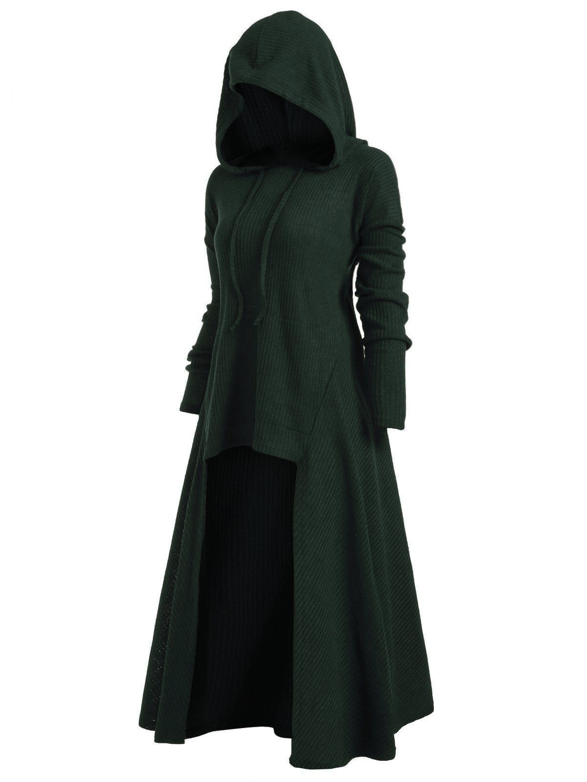 

Hooded Drop Shoulder Drawstring Dip Hem Sweater, Dark forest green