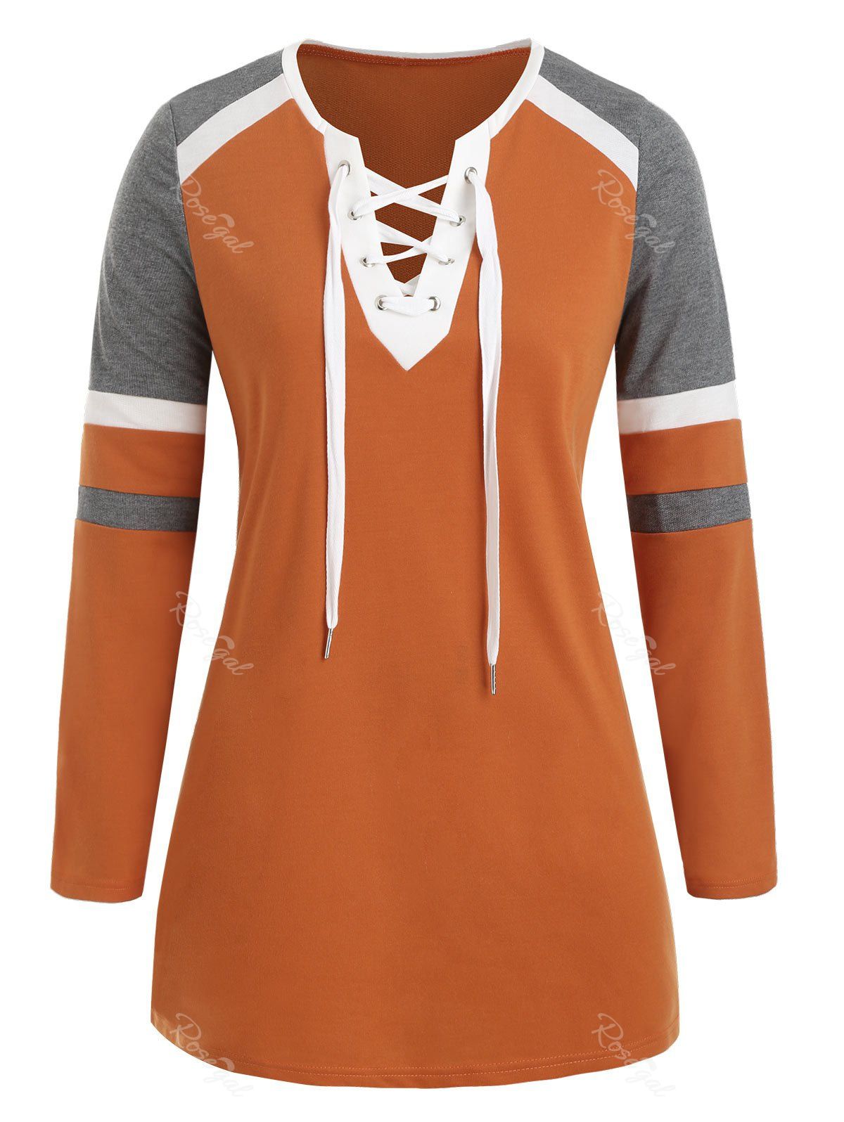 

Plus Size Lace-up Color Block Tunic Top, Tangerine