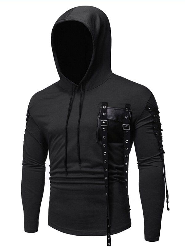 

Gothic Grommet Lace Up Sleeve PU Chest Hoodie, Black
