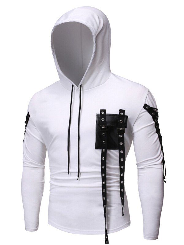 

Gothic Grommet Lace Up Sleeve PU Chest Hoodie, White