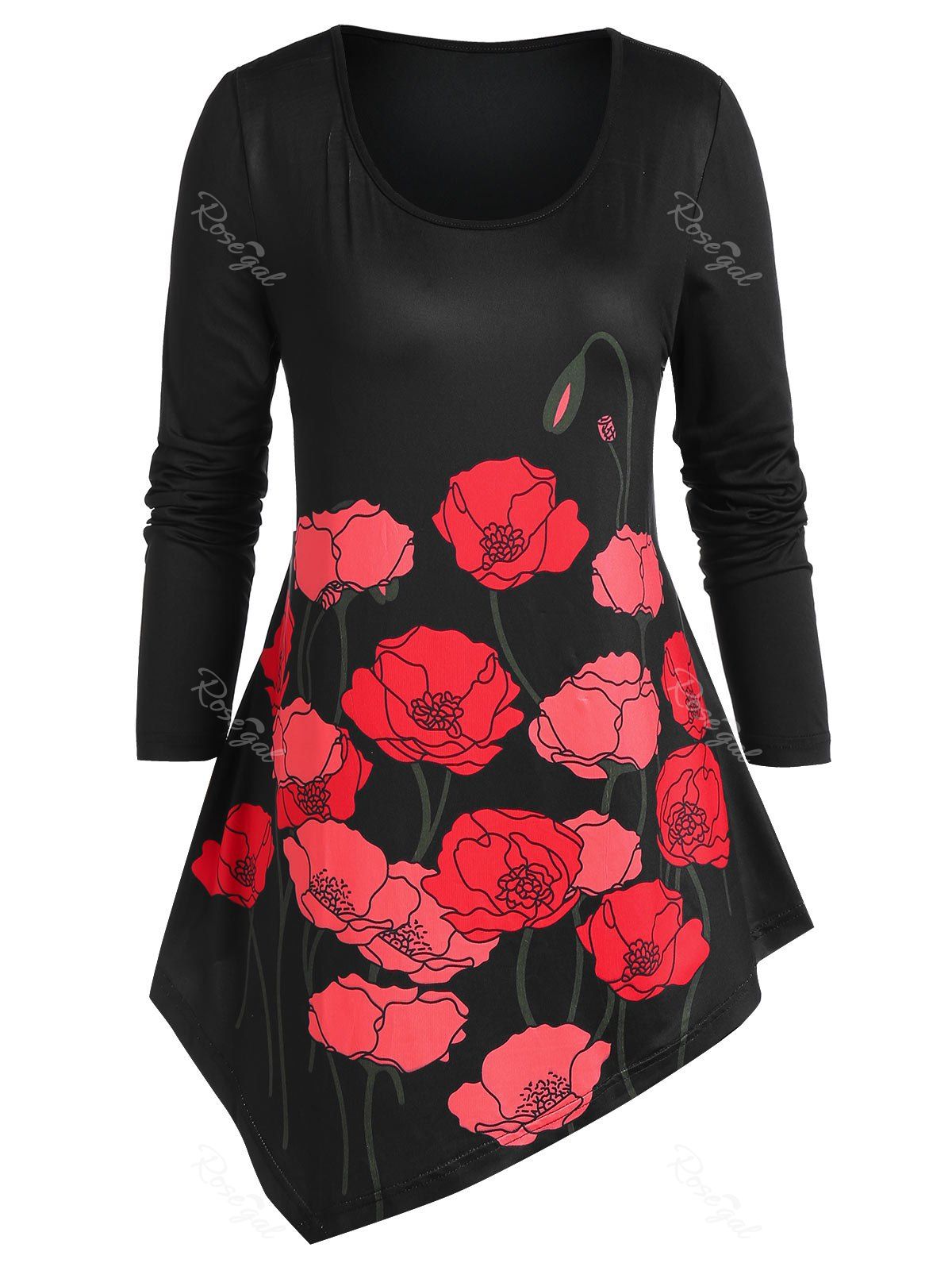 

Plus Size Tunic Rose Print Asymmetrical T Shirt, Black