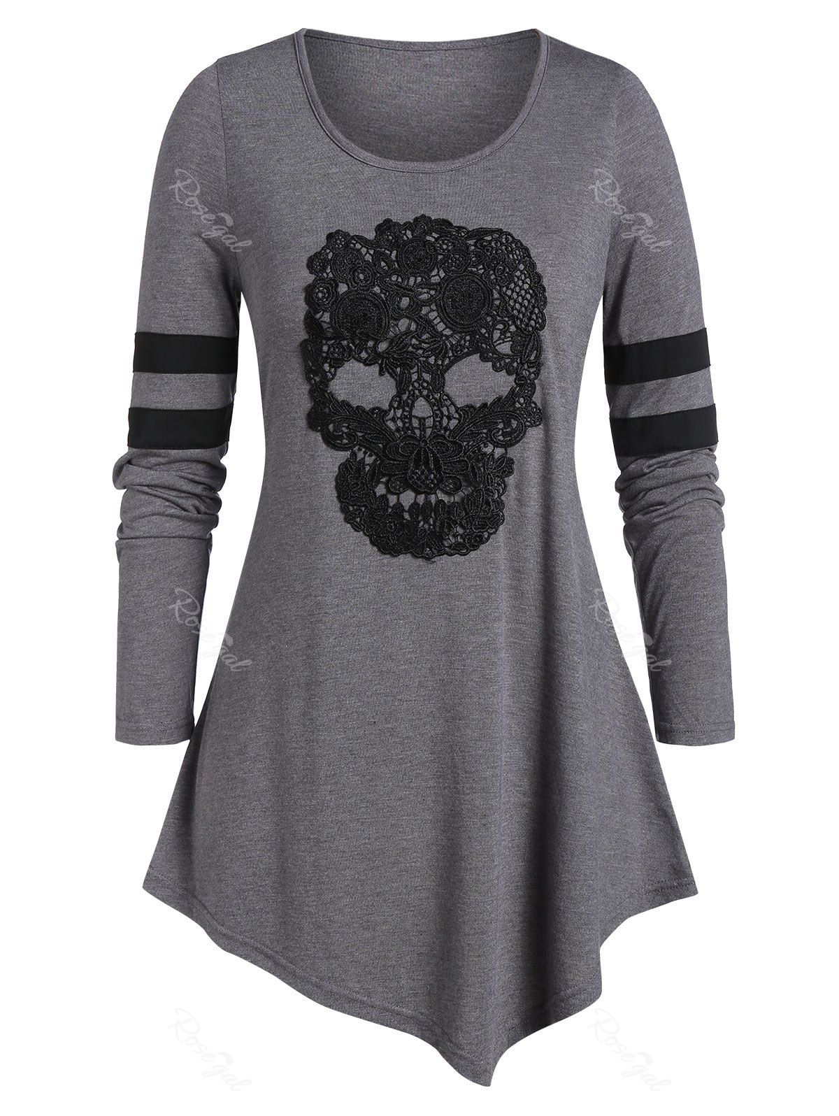 

Plus Size Skull Print Tunic Round Collar T Shirt, Battleship gray