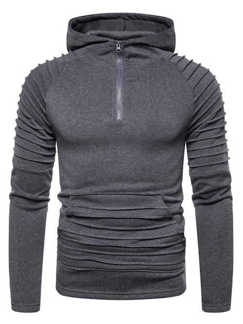 

Pleated Trim Front Pocket Raglan Sleeve Hoodie, Dark gray