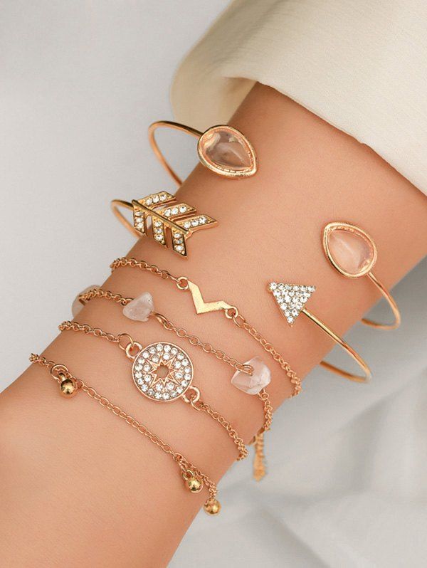 

Rhinestone Artificial Opal Arrow Bracelet Set, Gold