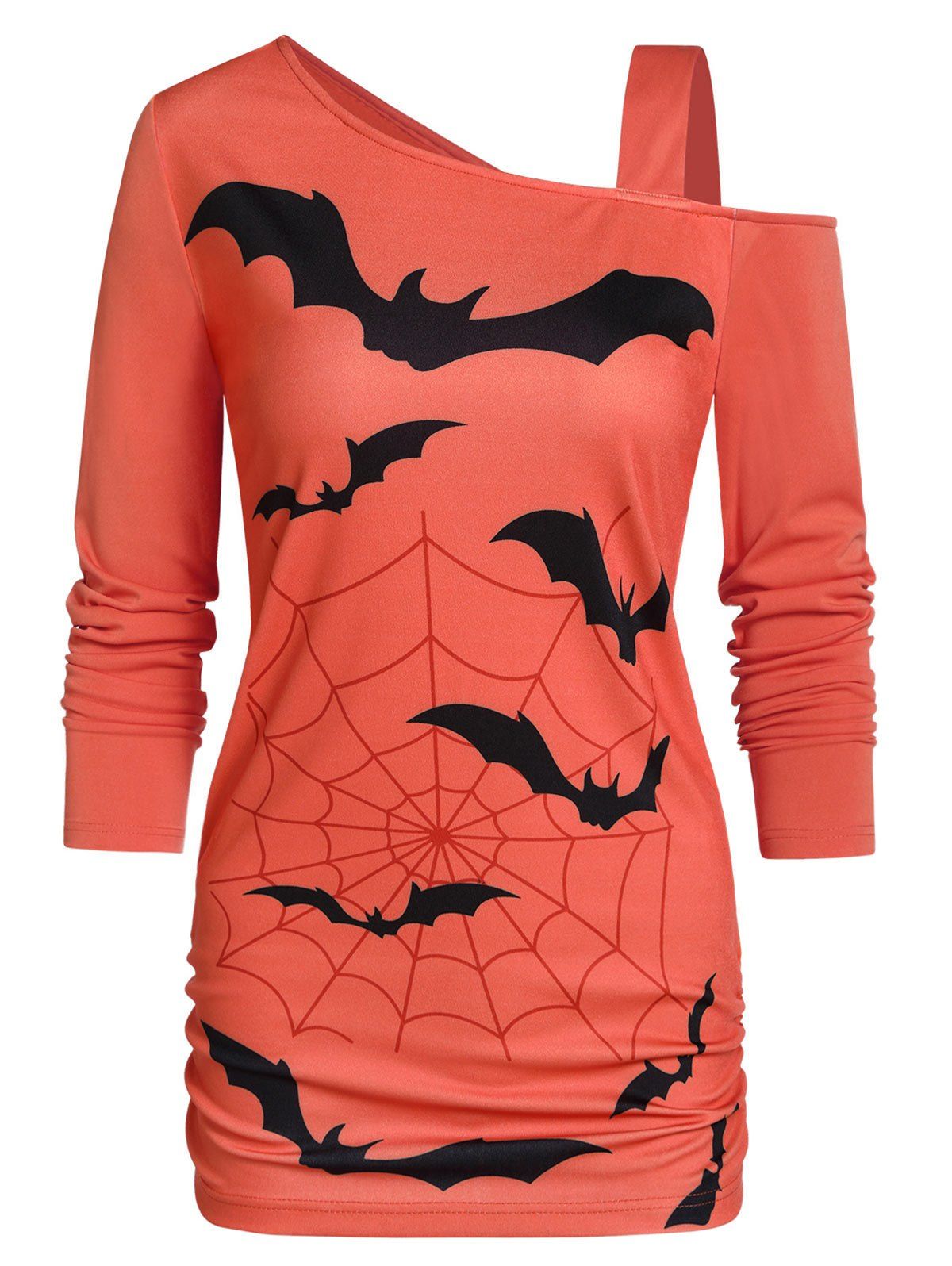 

Skew Neck Bat Print Long Sleeve T Shirt, Pumpkin orange