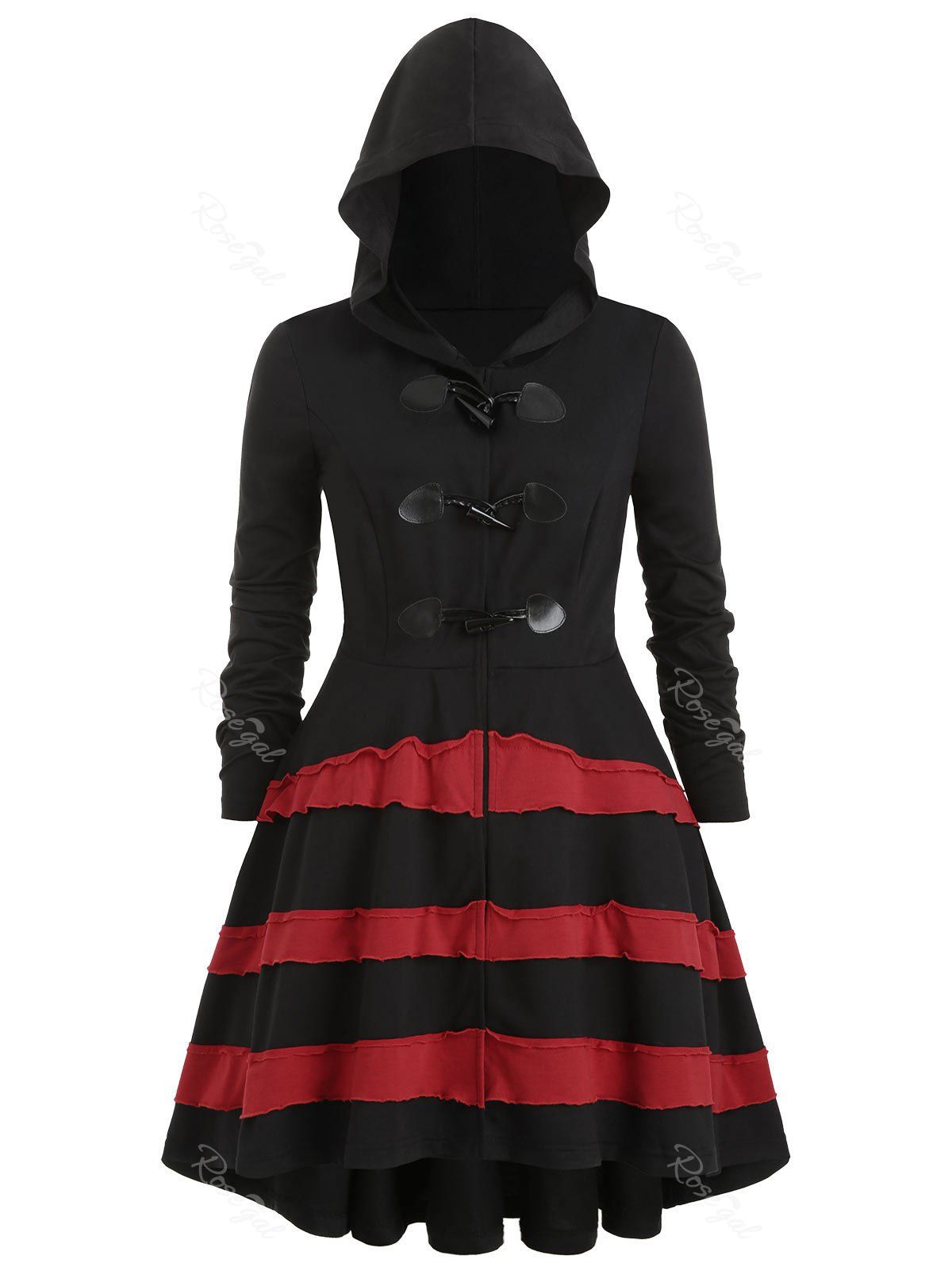 

Plus Size Hooded Contrast Flounce Duffle Coat, Black