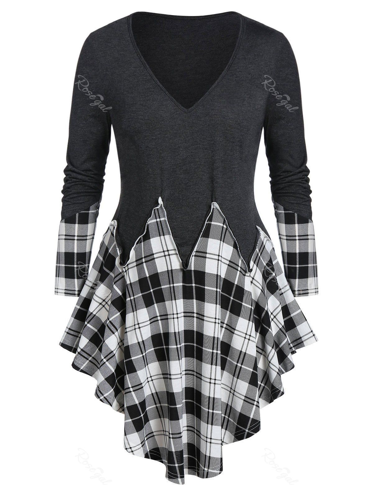 

Plus Size Asymmetrical Plaid Long Sleeve Tunic Tee, Carbon gray