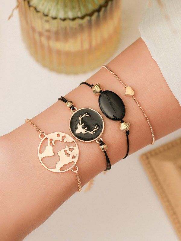 

Antlers World Map Heart Bracelet Set, Gold
