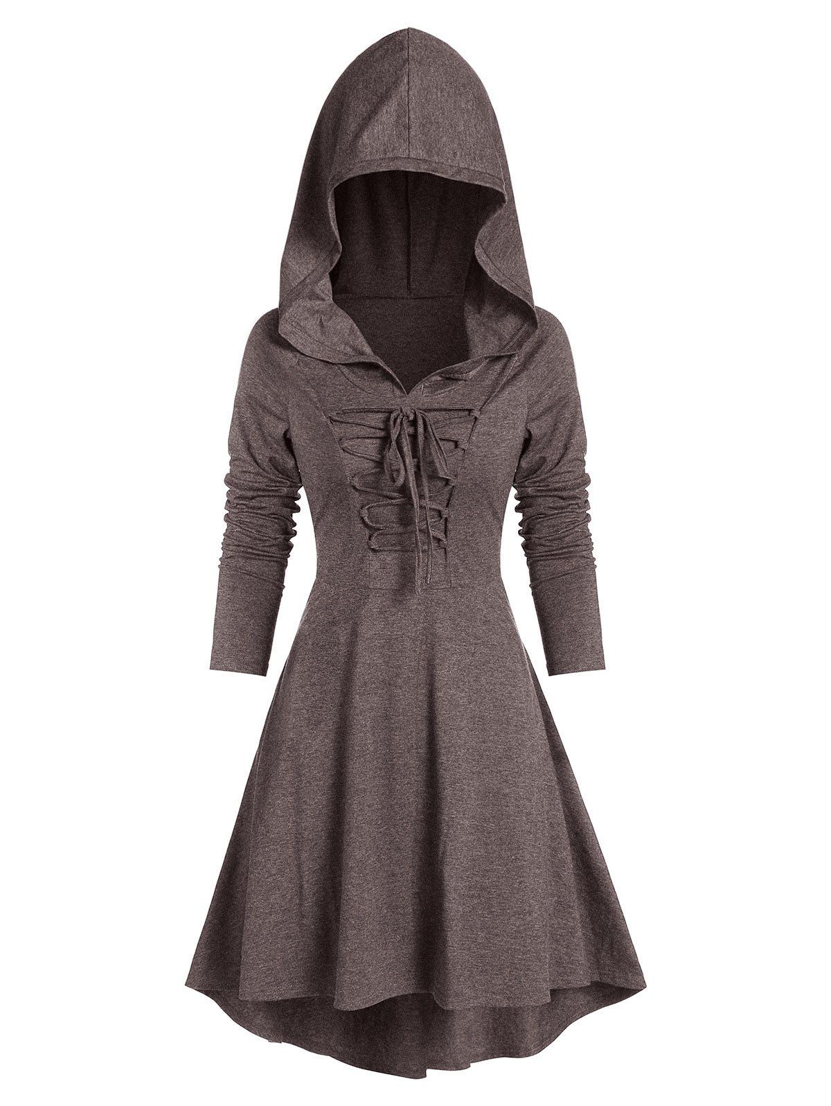 

Lace-up High Low Hooded Heathered Gothic Dress, Coffee