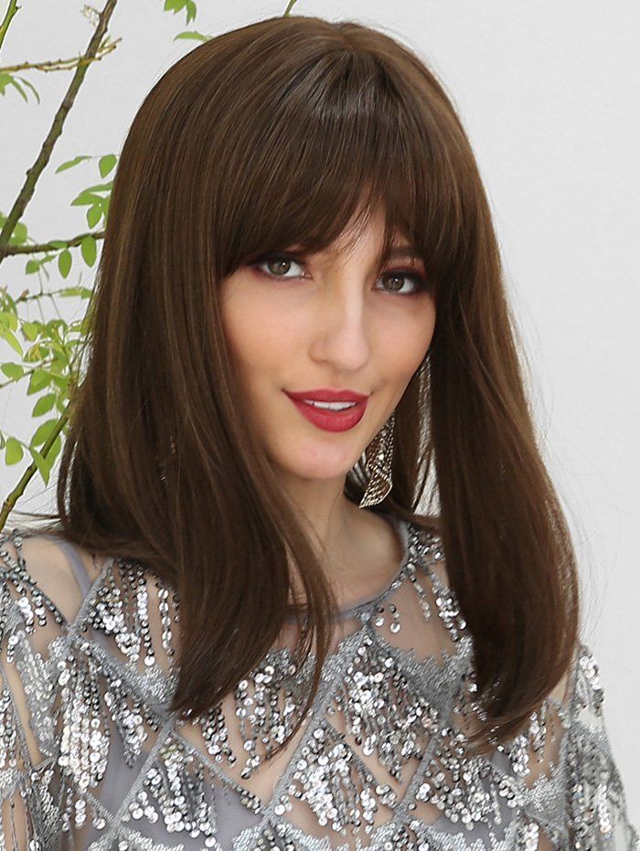

Straight See-through Bang Medium Human Hair Wig, Brown
