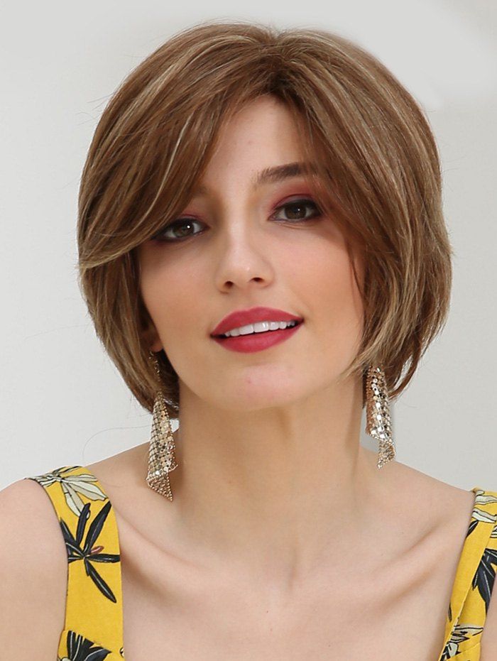 

Side Bang Mixed Straight Short Human Hair Wig, Multi