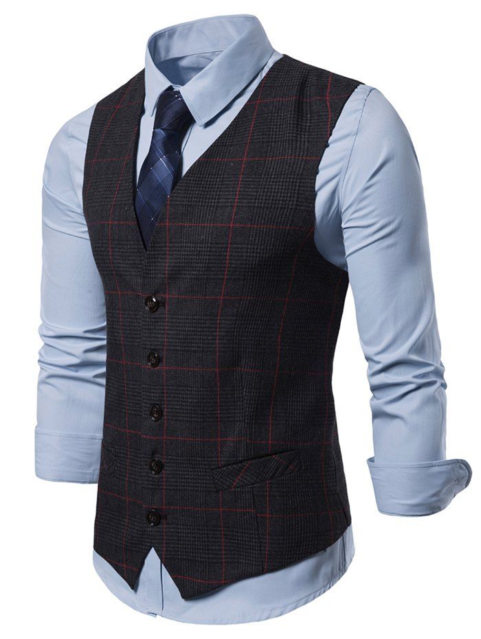 

Plaid Pattern V-Neck Casual Waistcoat, Dark gray
