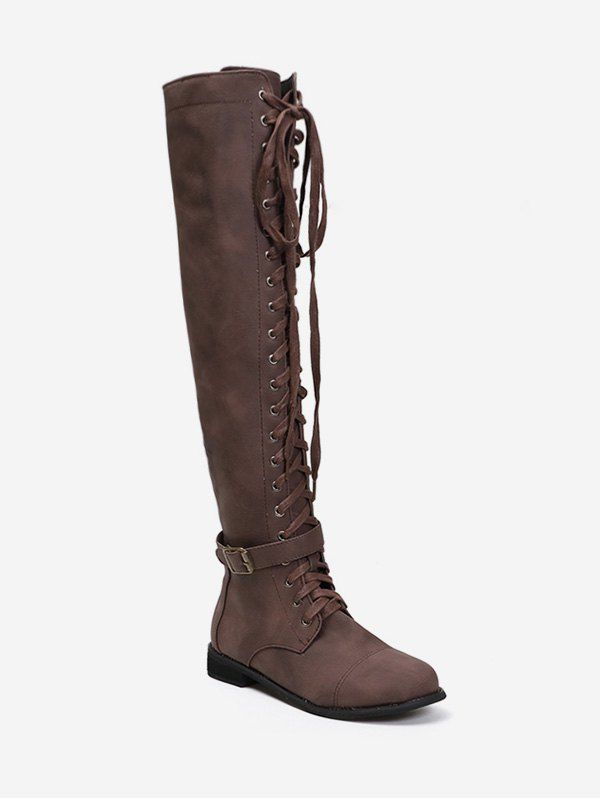 

Lace Up Buckle Accent Thigh High Boots, Coffee