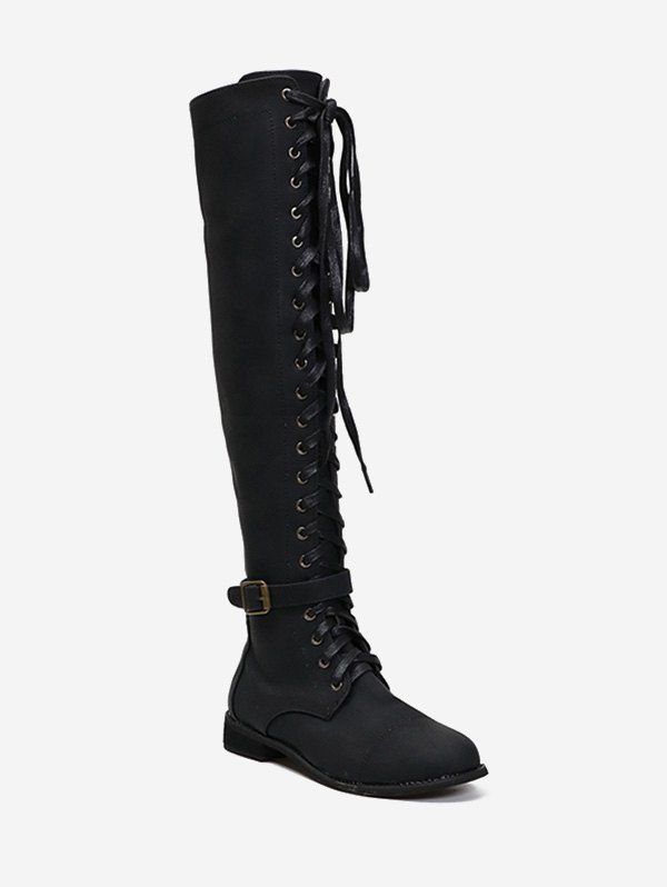 

Lace Up Buckle Accent Thigh High Boots, Black