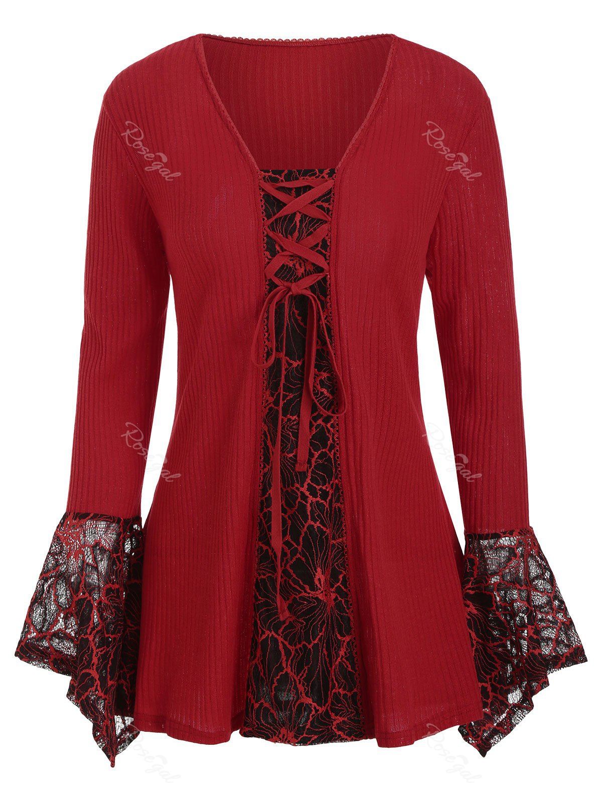 

Plus Size Picot Trim Lace Panel Tunic Knitwear, Red