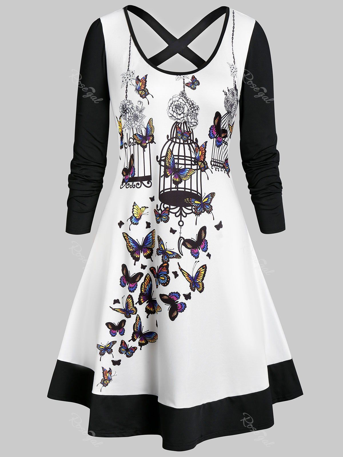 

Plus Size Criss Cross Butterfly Print Flare Dress, White