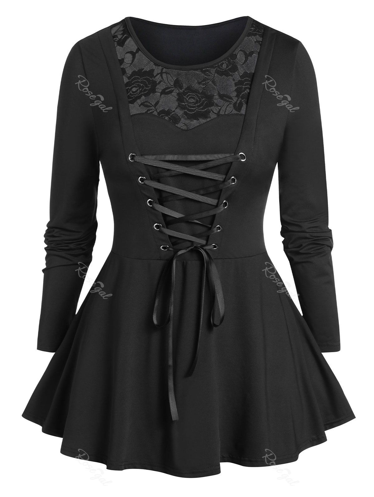 

Plus Size Lace Panel Long Sleeve Tunic T Shirt, Black
