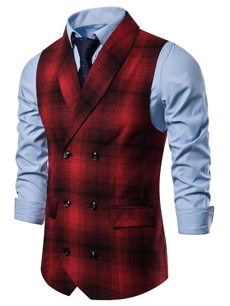 

Casual Plaid Print Double Breasted Waistcoat, Red