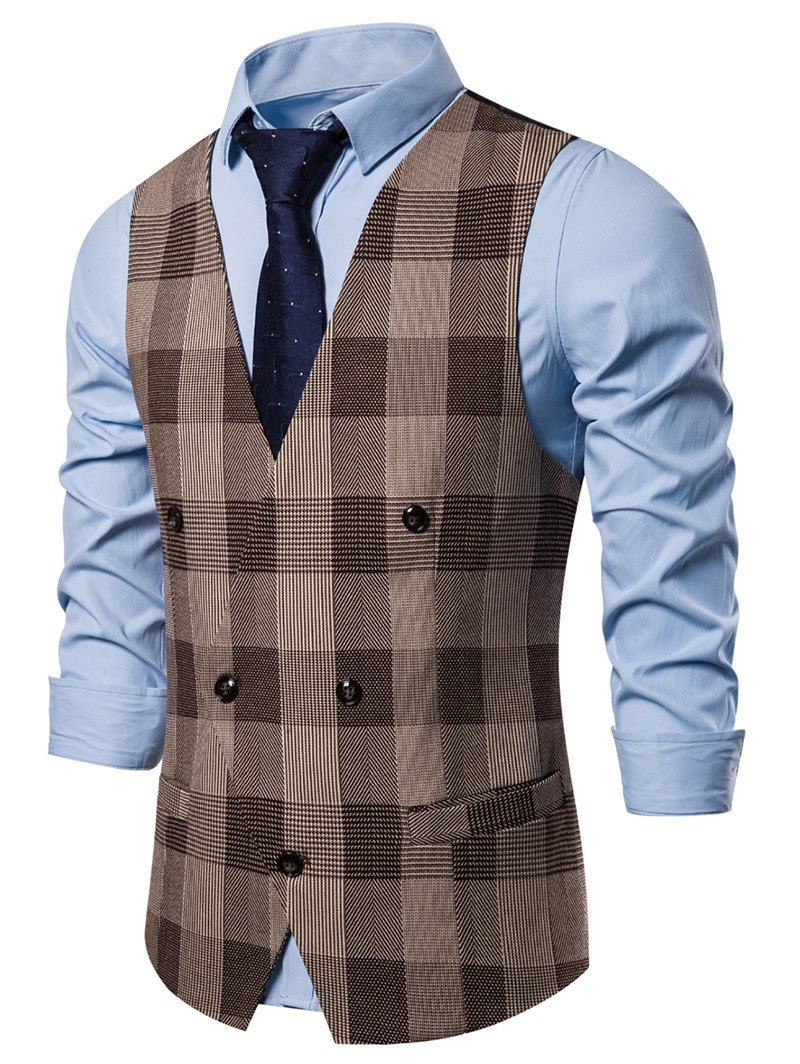 

Casual Plaid Pattern V-Neck Waistcoat, Coffee
