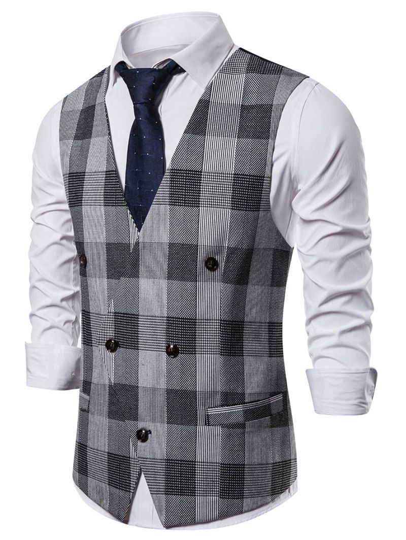 

Casual Plaid Pattern V-Neck Waistcoat, Black