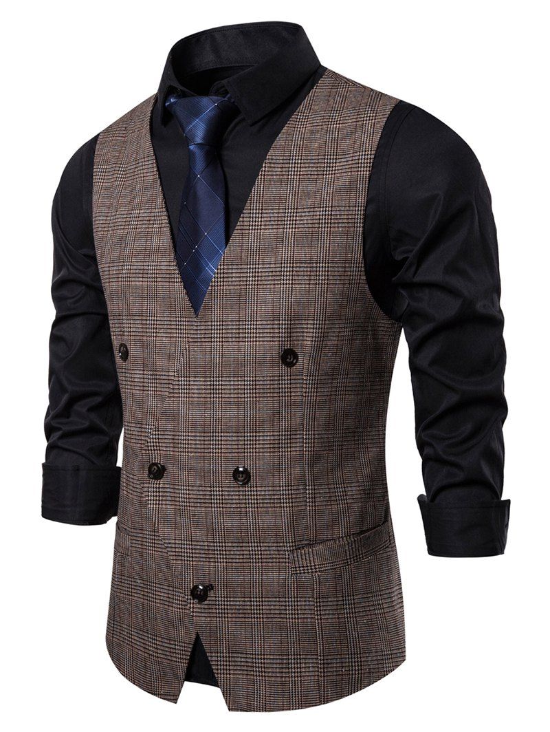 

Plaid Print V-Neck Casual Waistcoat, Coffee