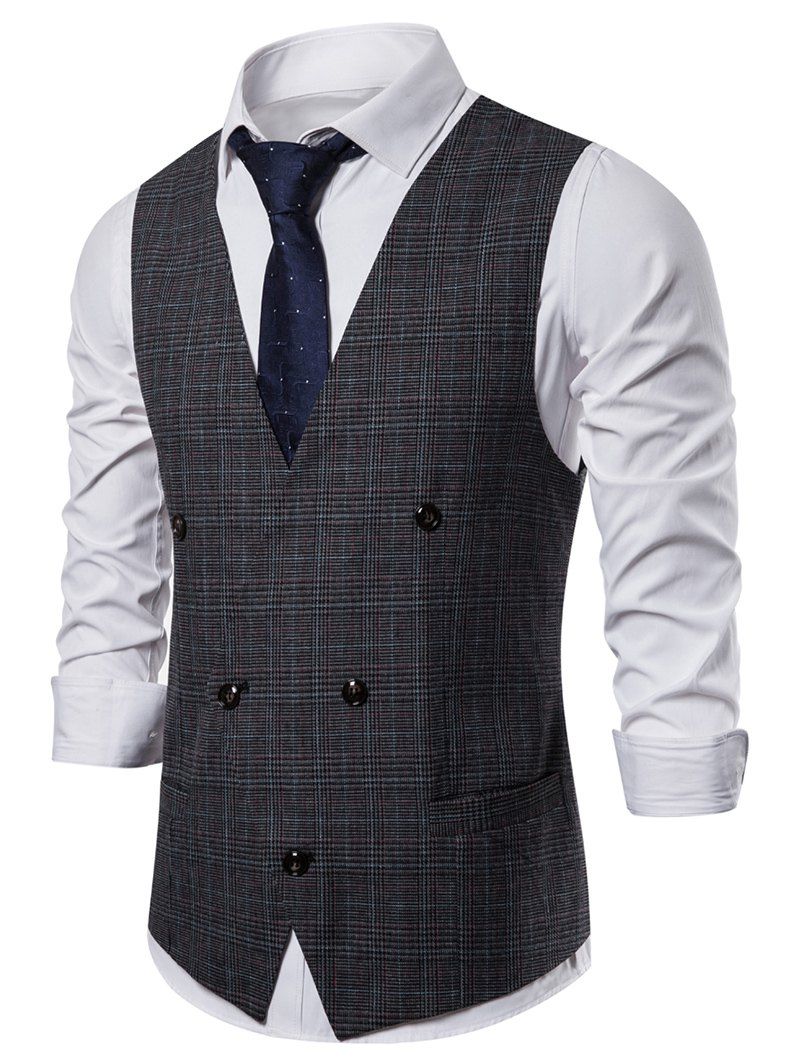 

Plaid Print V-Neck Casual Waistcoat, Dark gray