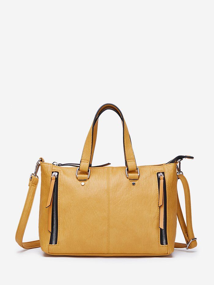 Double Zipper Design Solid Handbag, Yellow
