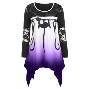 

Plus Size Halloween Cat Print Handkerchief Ombre Lace Panel Tee, Multi a