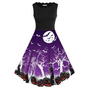 

Plus Size Retro Pumpkin Bat Print Halloween Dress, Violet