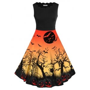 

Plus Size Retro Pumpkin Bat Print Halloween Dress, Pumpkin orange
