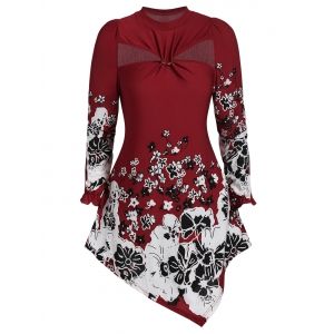 

Cut Out Asymmetrical Ditsy Print T Shirt, Red wine