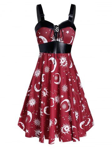 Vintage Buckle Straps Lace Up Sun Moon Print Swing Dress