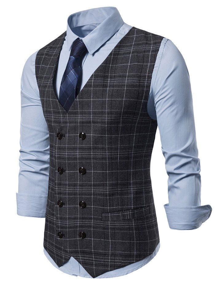 

Casual Plaid Pattern Double Breasted Waistcoat, Carbon gray