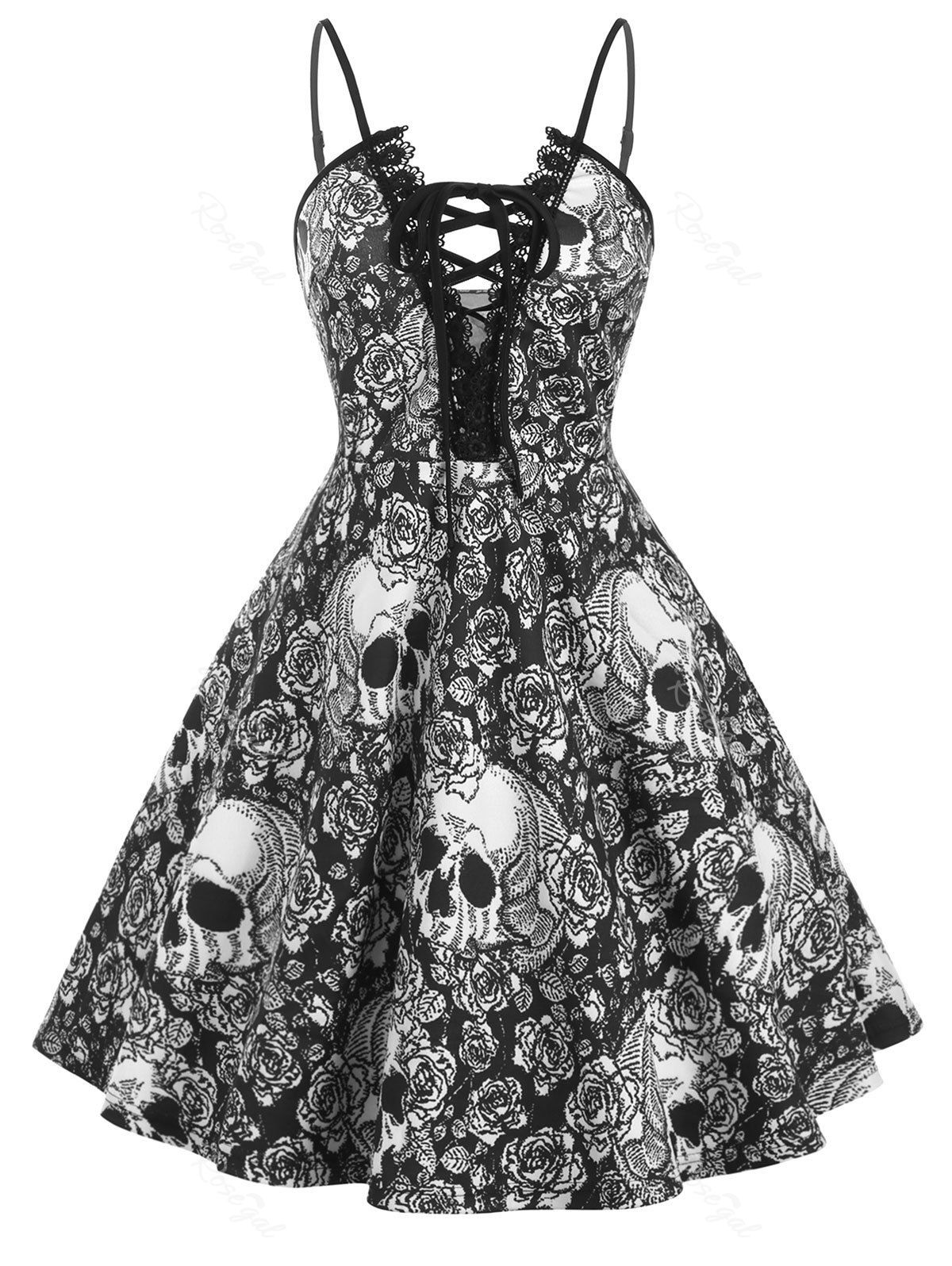 

Lace Trim Halloween Skull Print Lace Up Plus Size Dress, White
