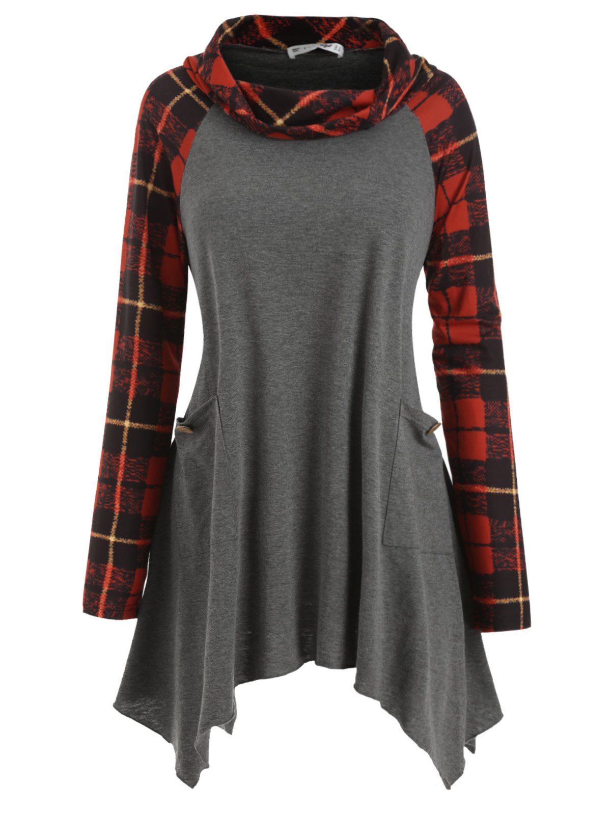 

Pockets Buttoned Cowl Neck Plaid Plus Size Top, Gray