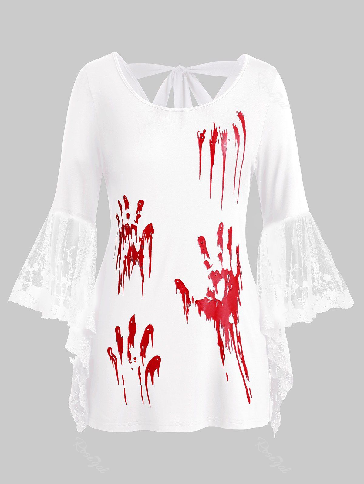 

Plus Size Halloween Blood Hands Flare Sleeve Knotted Sheer Tee, White