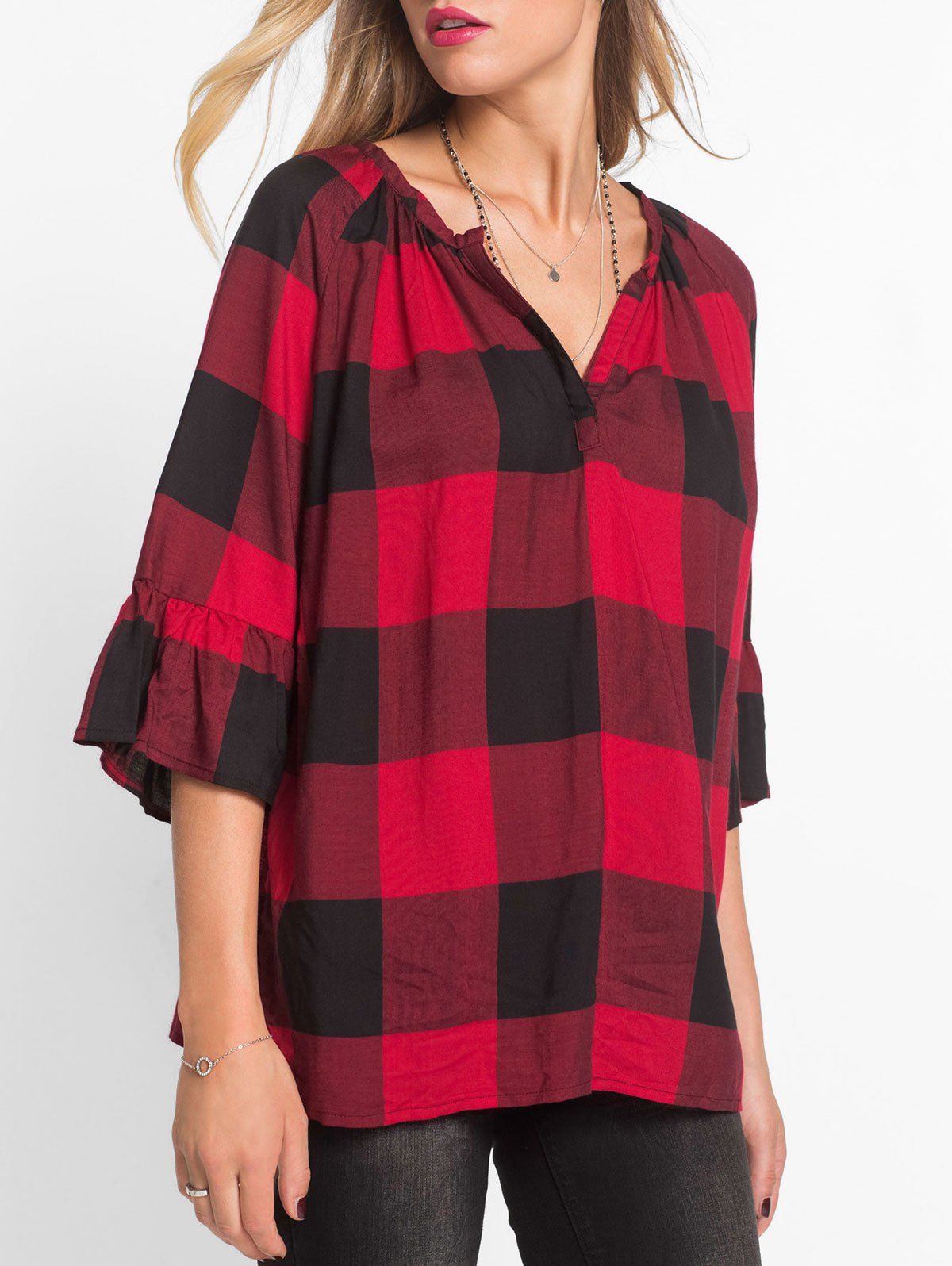 

Plaid V-notch Raglan Sleeve Top, Red