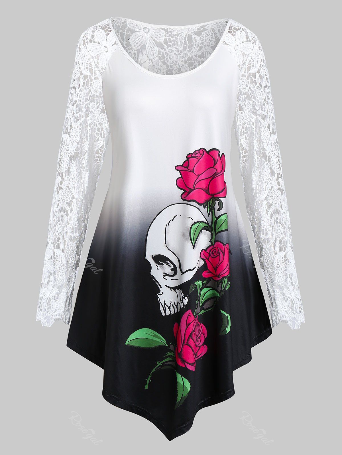 

Plus Size Halloween Skull Flower Crochet Asymmetrical Tunic Tee, Multi