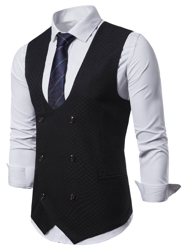 

Plaid Printed Double Breasted Waistcoat, Black
