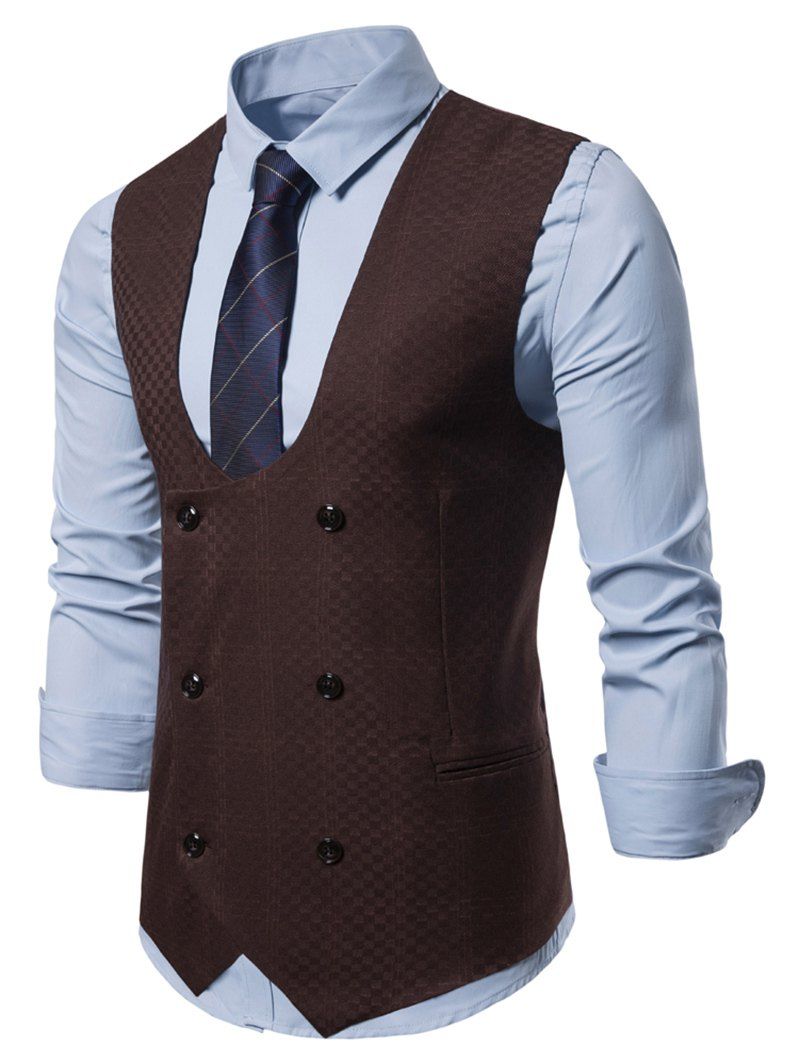 

Plaid Printed Double Breasted Waistcoat, Deep brown