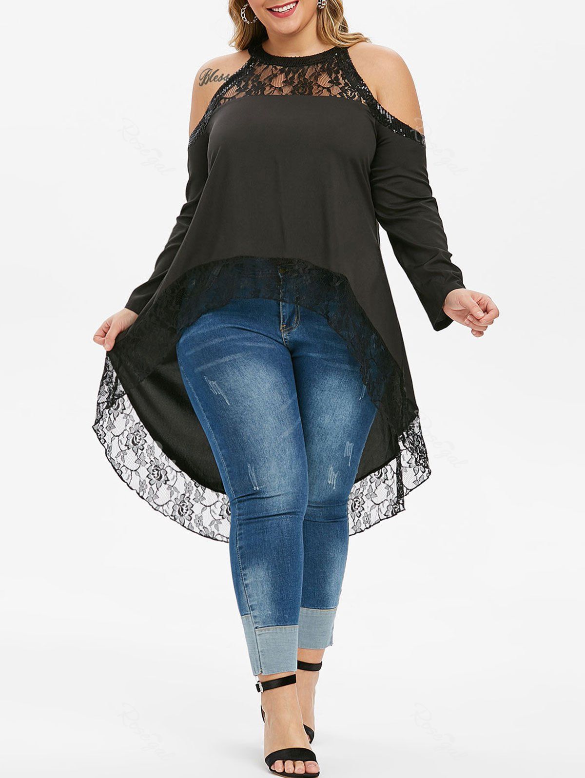 

Sequined Lace Panel High Low Cold Shoulder Plus Size Blouse, Black
