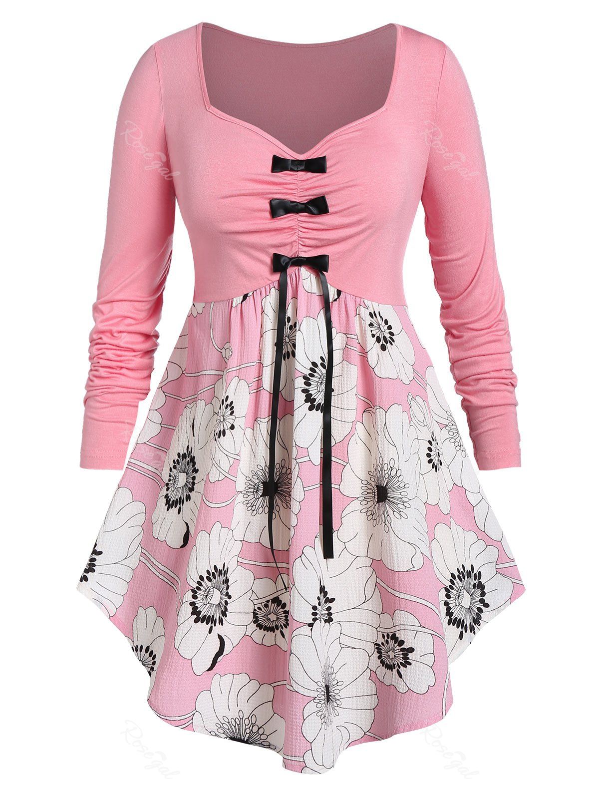 

Plus Size Flower Print Asymmetric Bowknot Long Sleeve Tee, Pink