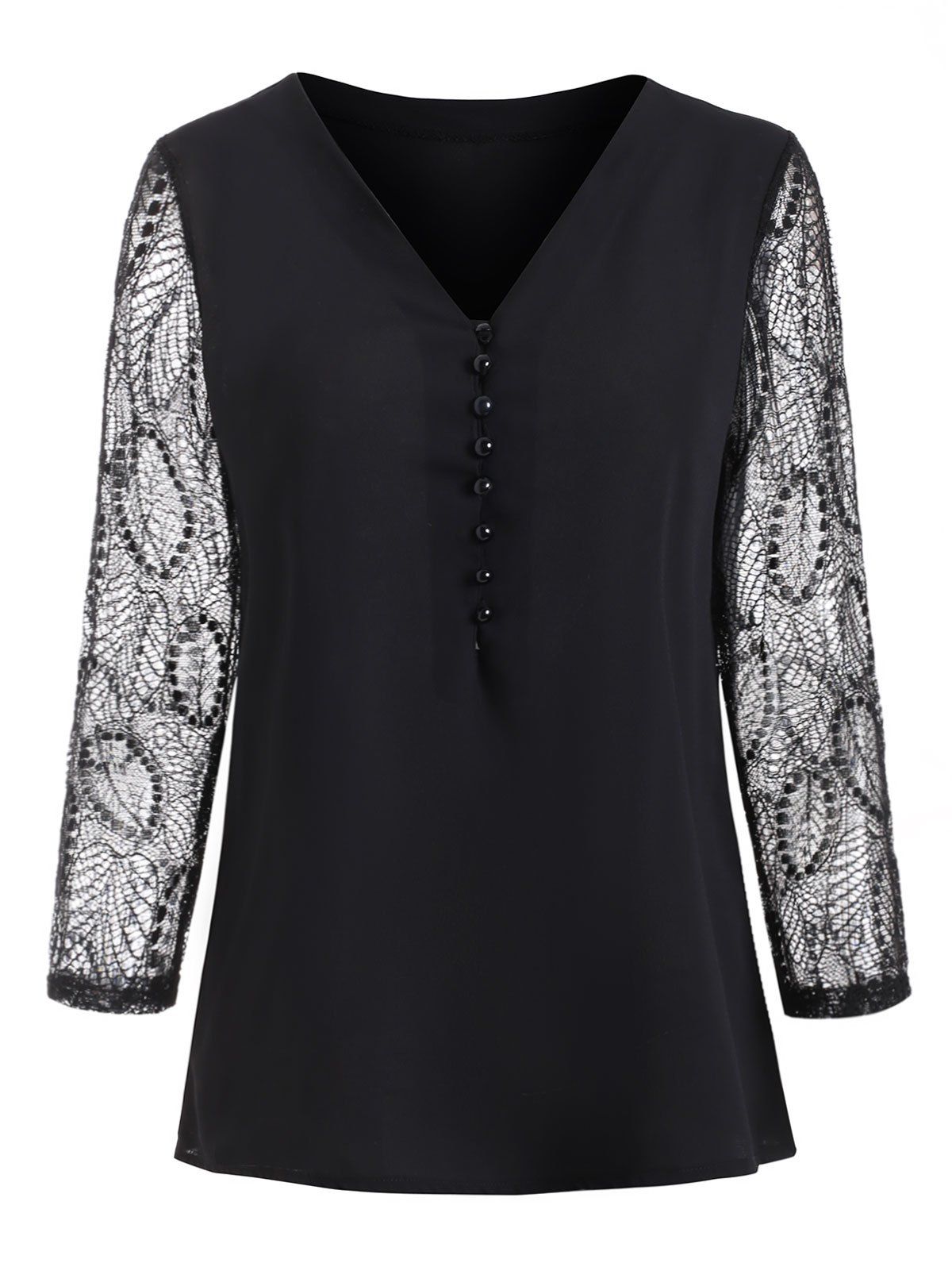

Button Loop Lace Panel Long Sleeves Blouse, Black