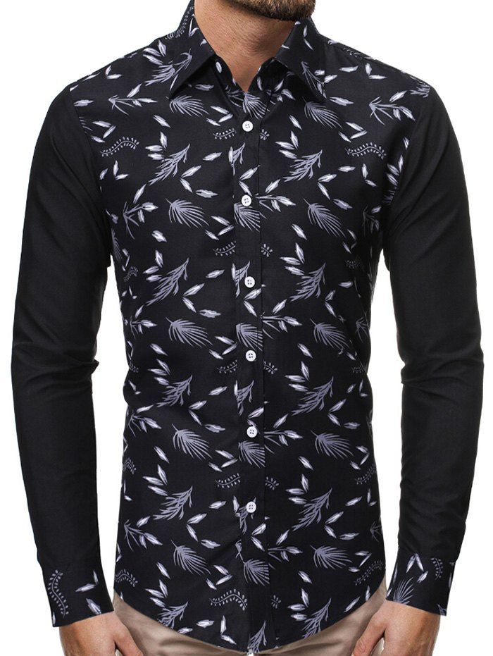 

Plant Leaf Print Splicing Long Sleeve Shirt, Multi