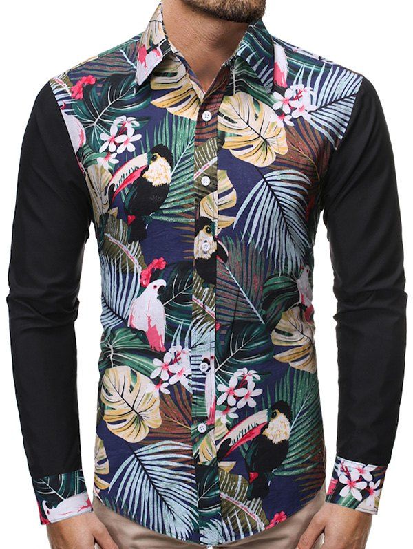

Tropical Plant Parrot Color Block Splicing Vacation Shirt, Multi