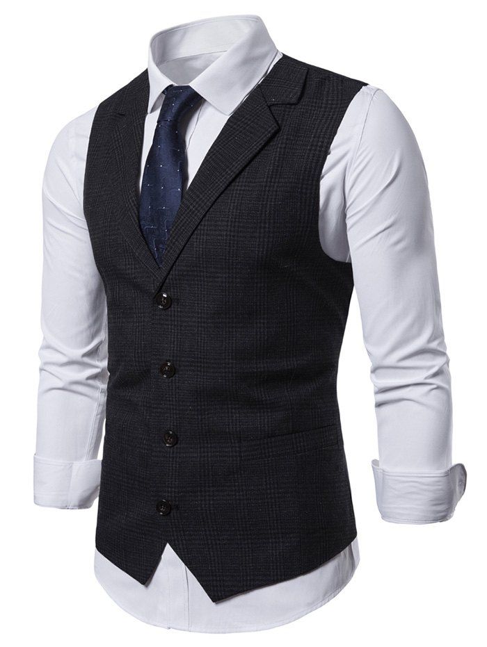 

Plaid Printed Single-breasted Waistcoat, Dark gray