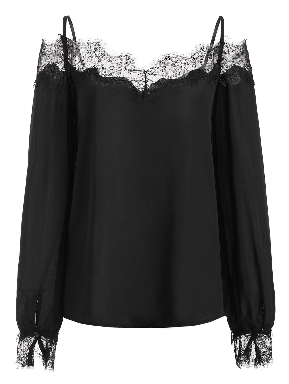 

Lace Panel Cold Shoulder Long Sleeves Blouse, Black